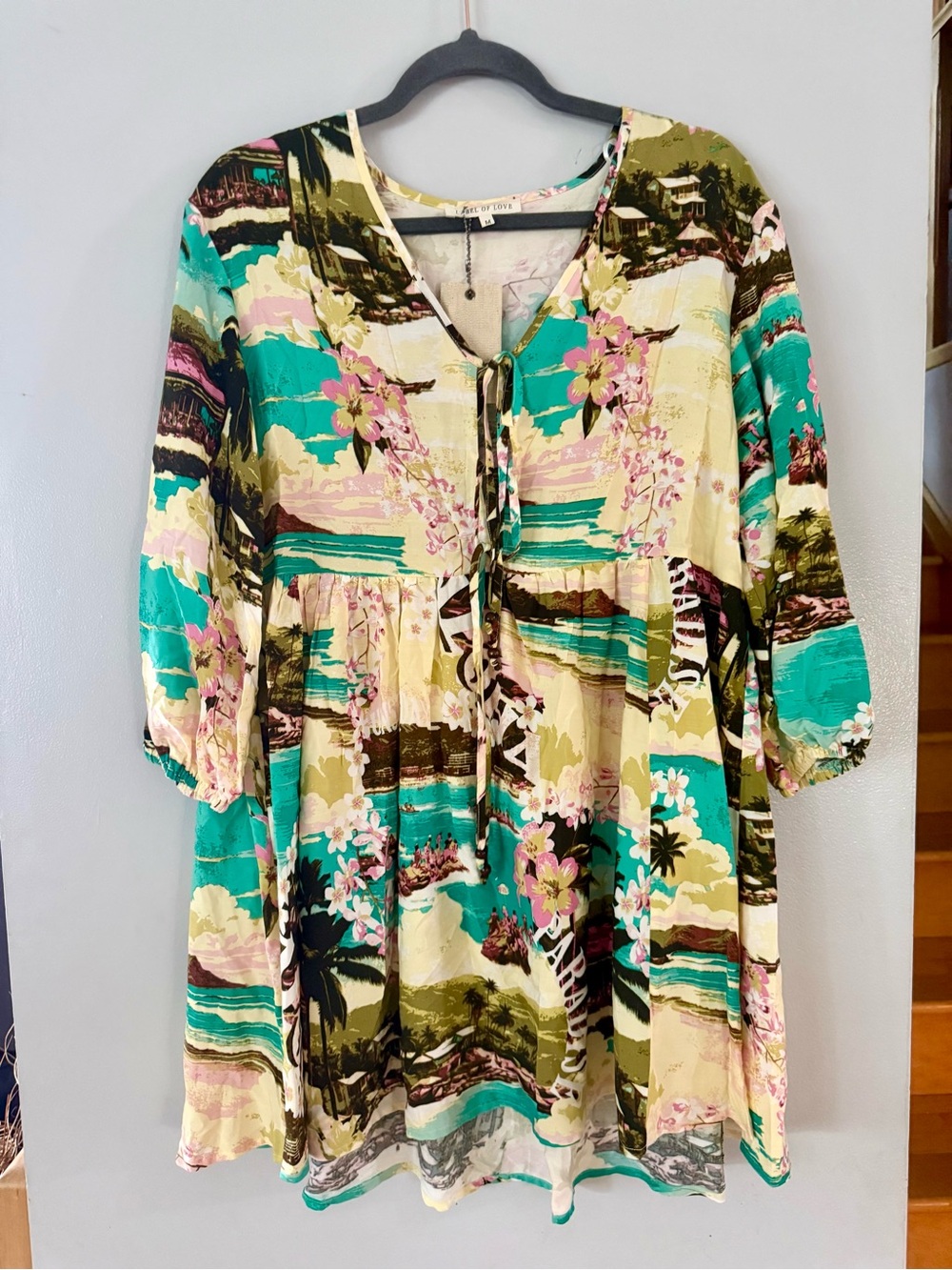 LABEL OF LOVE Aloha Tropical Print Tie-Front Boho Smock Mini Dress Tunic